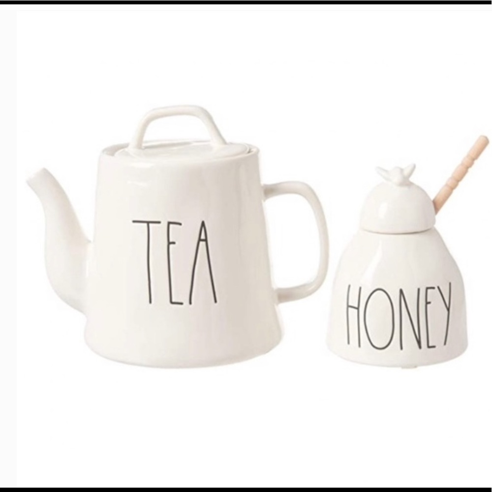 Rae Dunn tea and honey set, with honey wand.